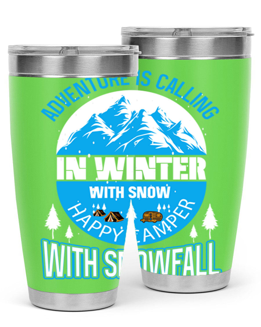 Camping Winter 39# Tumbler in stainless steel with a drink-thru lid, showcasing its sleek design and double wall insulation.